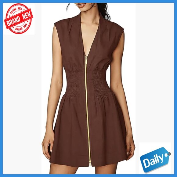 Dresses & Skirts - Mini Dress with Pockets, V Neck, Cap Sleeves, Zipper Front, Smocked Waist